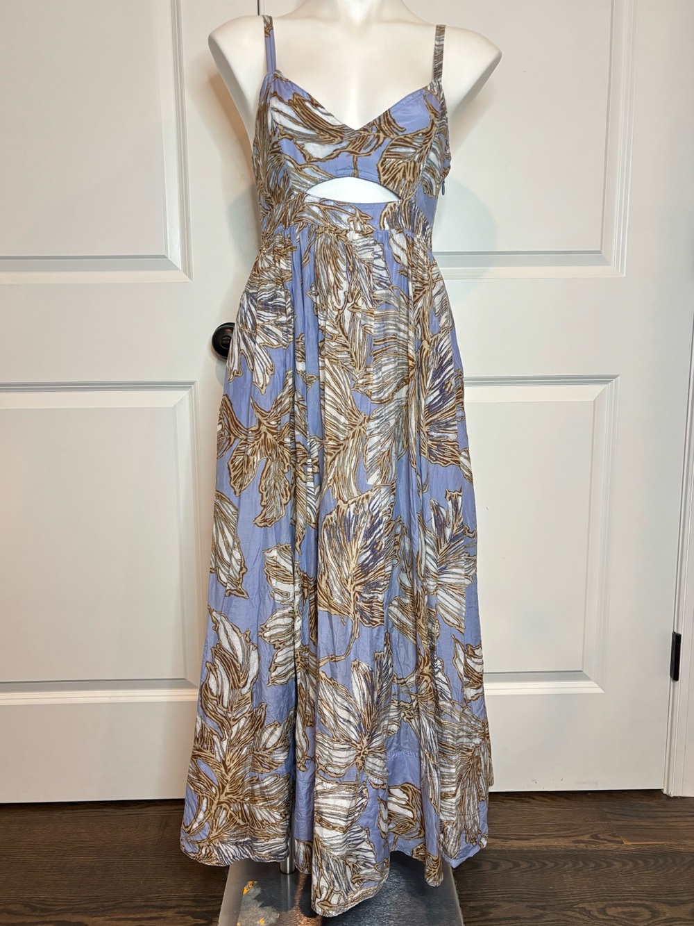 Banana Republic Isa Blue Tropical Print Waist Cut Out Cotton Silk Midi Dress 6 - Picture 2 of 14